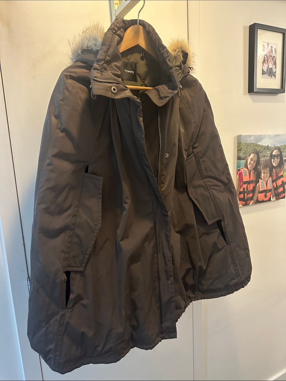 Theory Kids Hooded Puffer Coat with Faux-Fur Trim in Brown